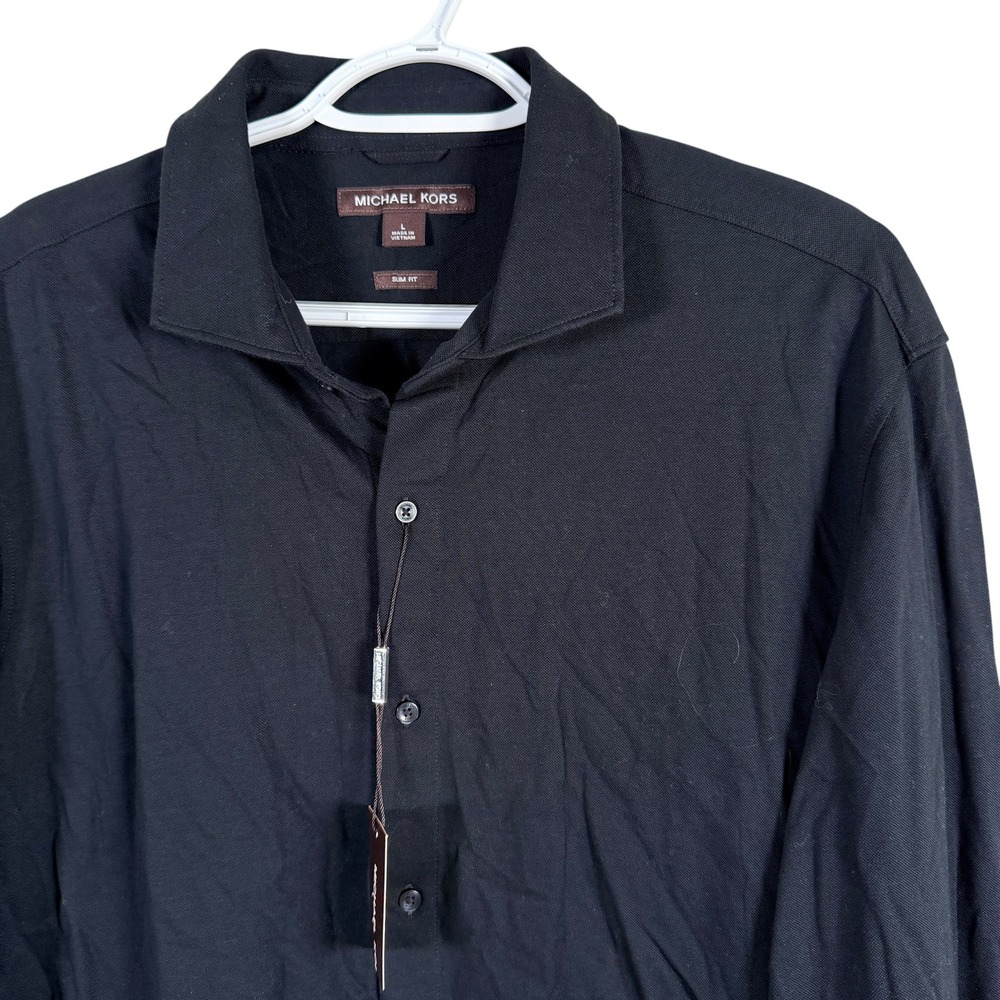 Michael Kors Slim Fit Button Up Shirt Mens L Black Knit Long Sleeve‎ Cotton NEW